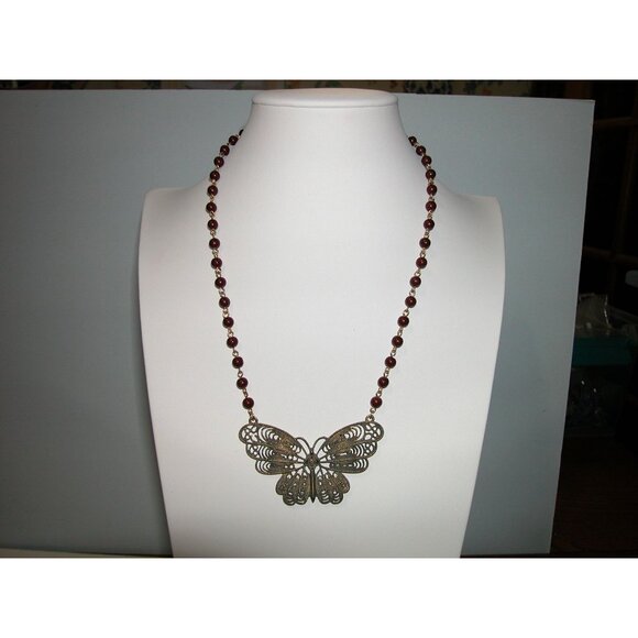 Vintage Filigree Butterfly Pendant Necklace With Brown Bead Chain - Picture 1 of 6